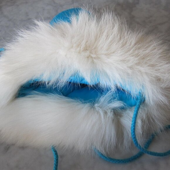 TURQUOISE BLUE WHITE FOX FUR WOOL Handmade Patchwork Trapper Eskimo Long Mitts - Picture 4 of 9